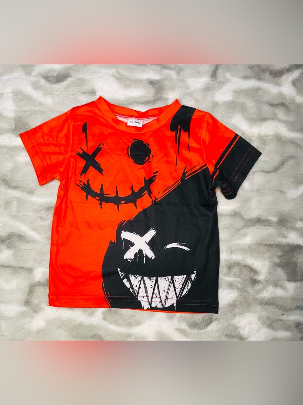 PatPat Orange and Black Graphic Short Sleeve Tee - Smiley Monster Design